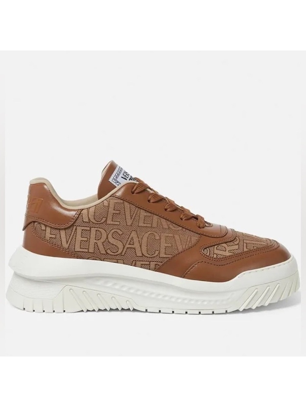 Versace AllOver Logo Odissea Low-Top Men’s Sneakers, Beige/Brown, NEW, Size 42.5